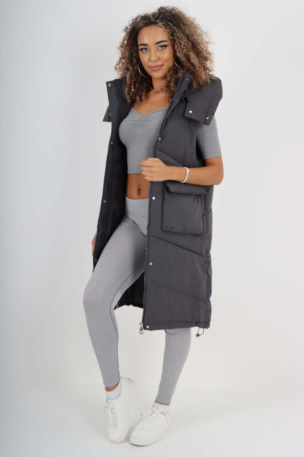 Italian Padded Pockets Hooded Long Gilet For Women  - Dropwear