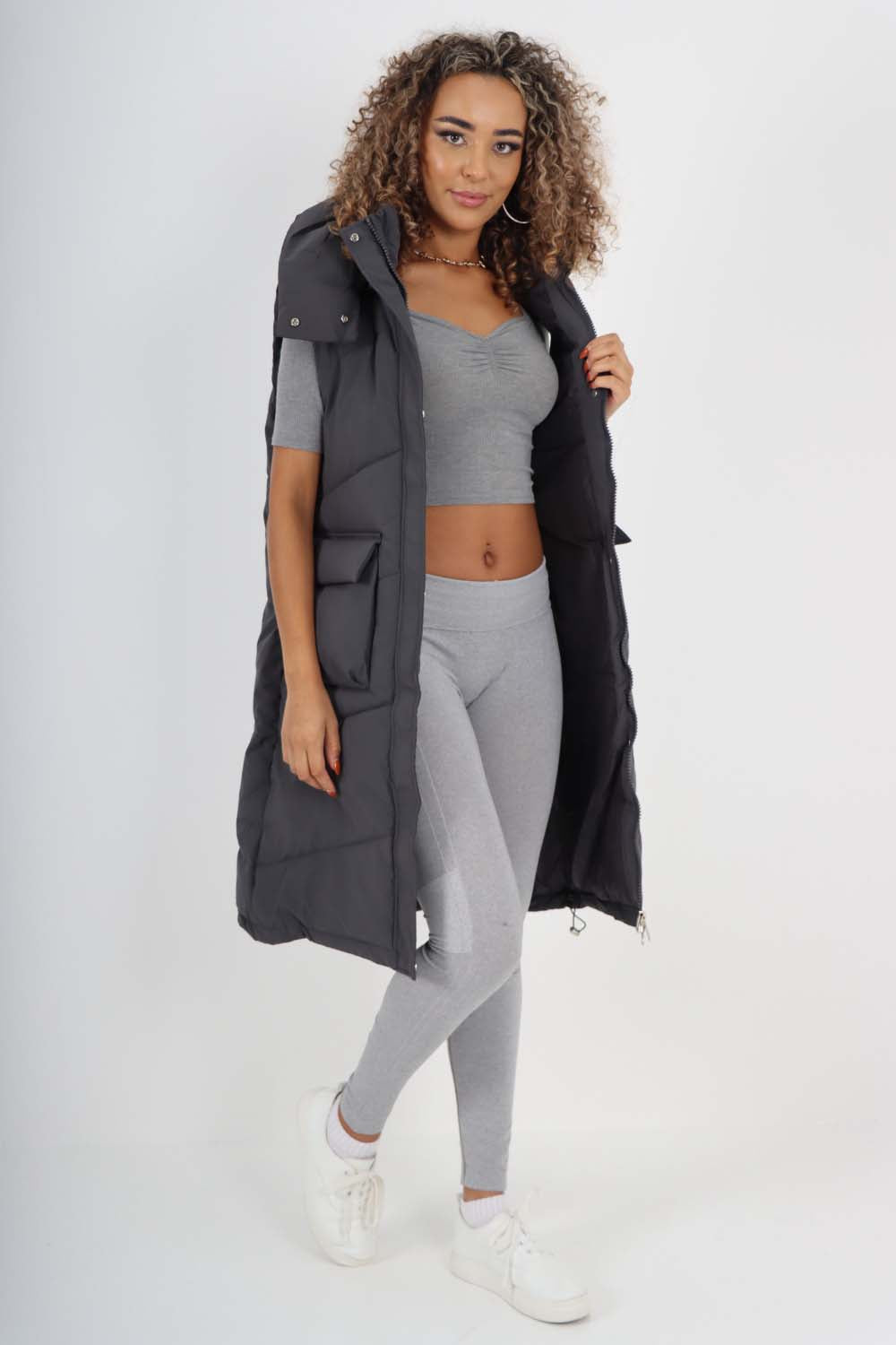 Italian Padded Pockets Hooded Long Gilet For Women  - Dropwear