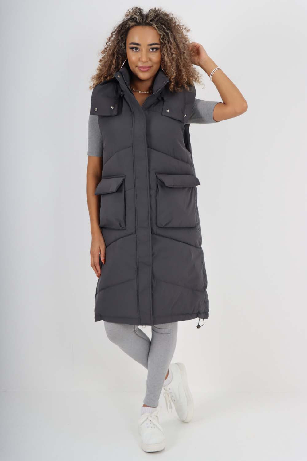 Italian Padded Pockets Hooded Long Gilet For Women  - Dropwear