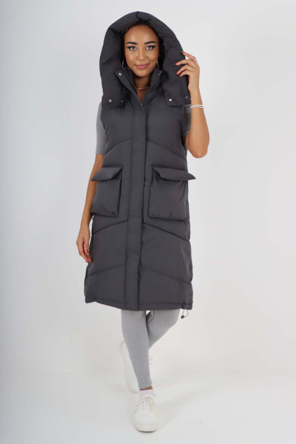 Italian Padded Pockets Hooded Long Gilet For Women  - Dropwear