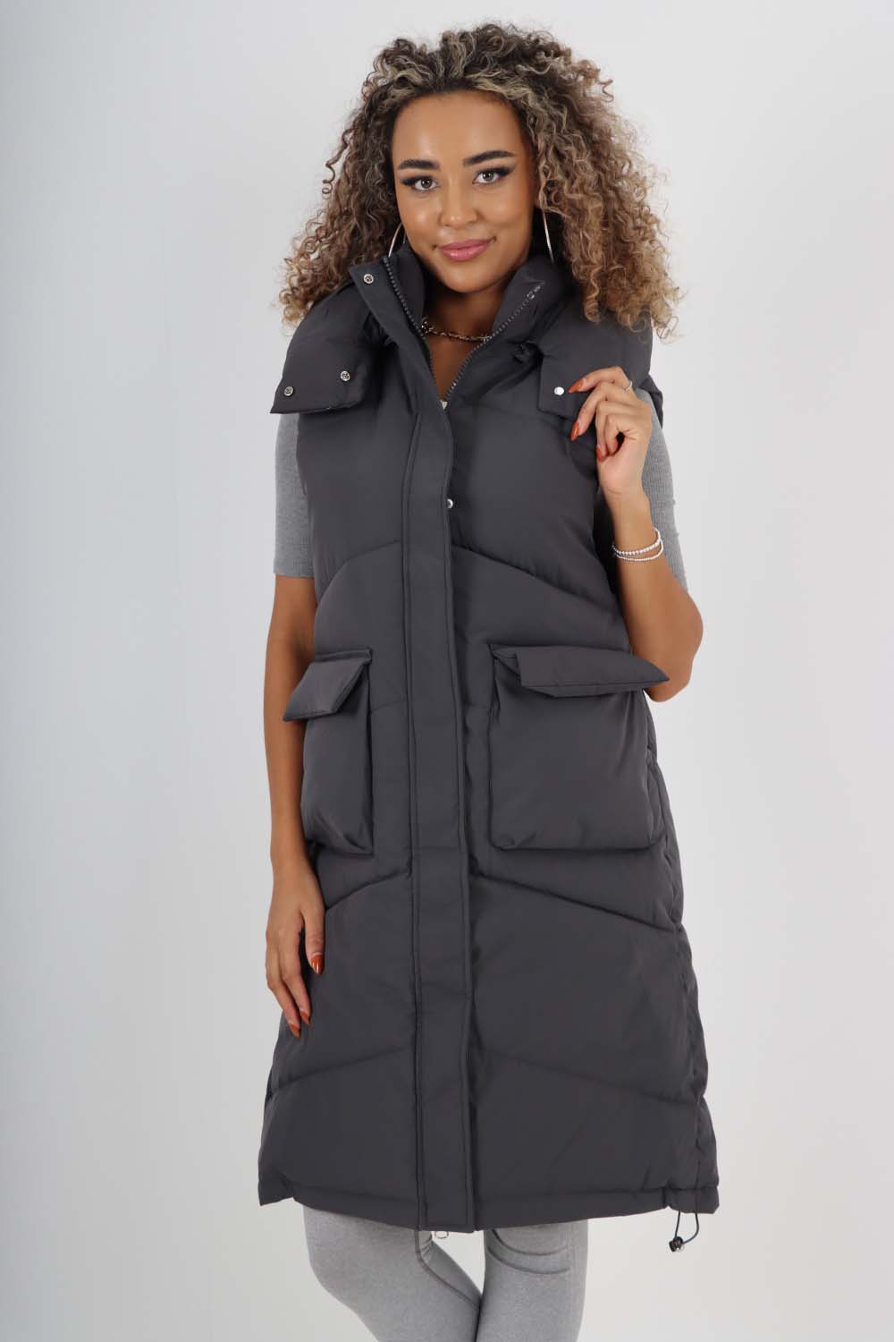 Italian Padded Pockets Hooded Long Gilet For Women  - Dropwear