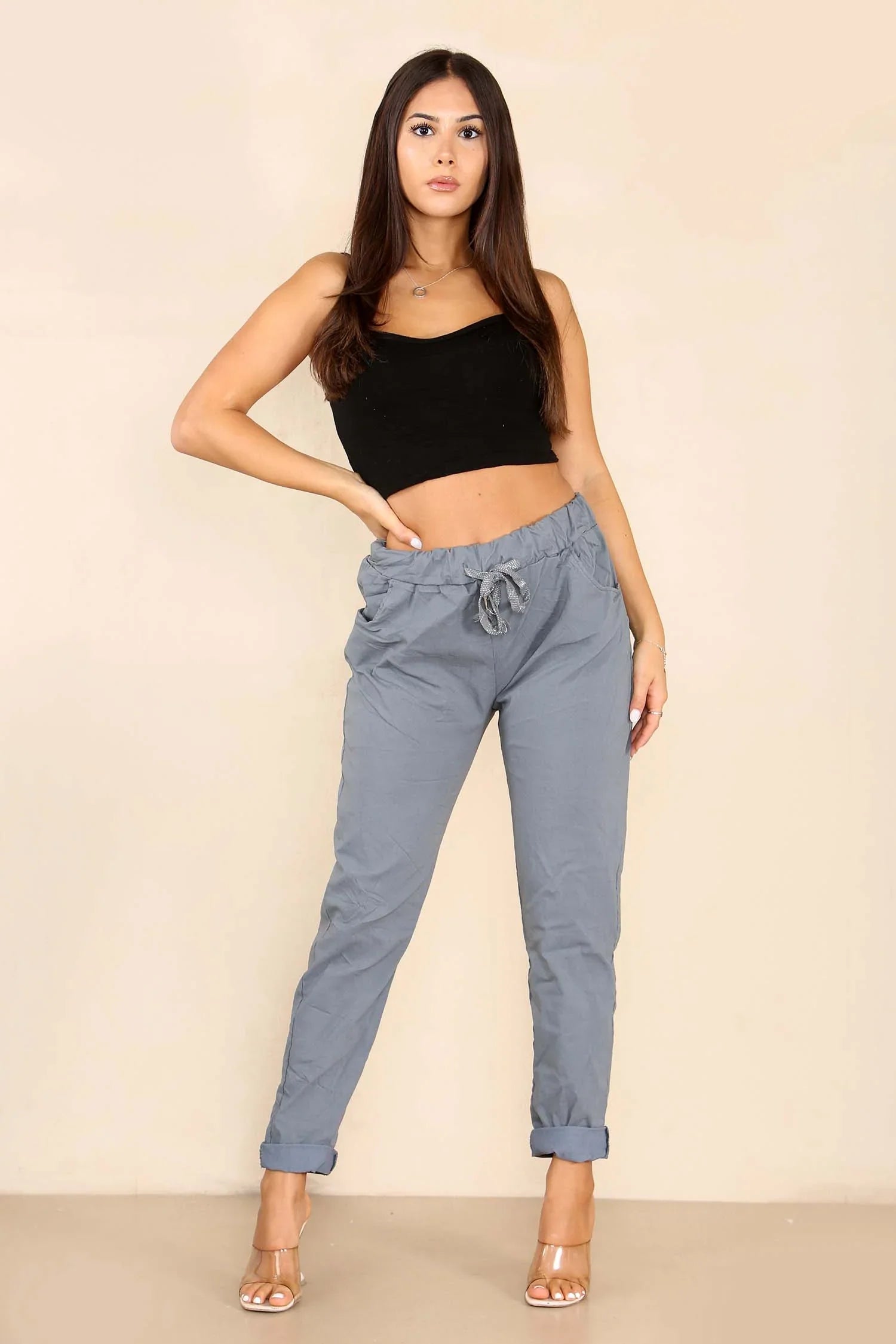 Dusky Pink Italian Glitter Drawstring Waistband Magic Pants For Women 12 - Dropwear