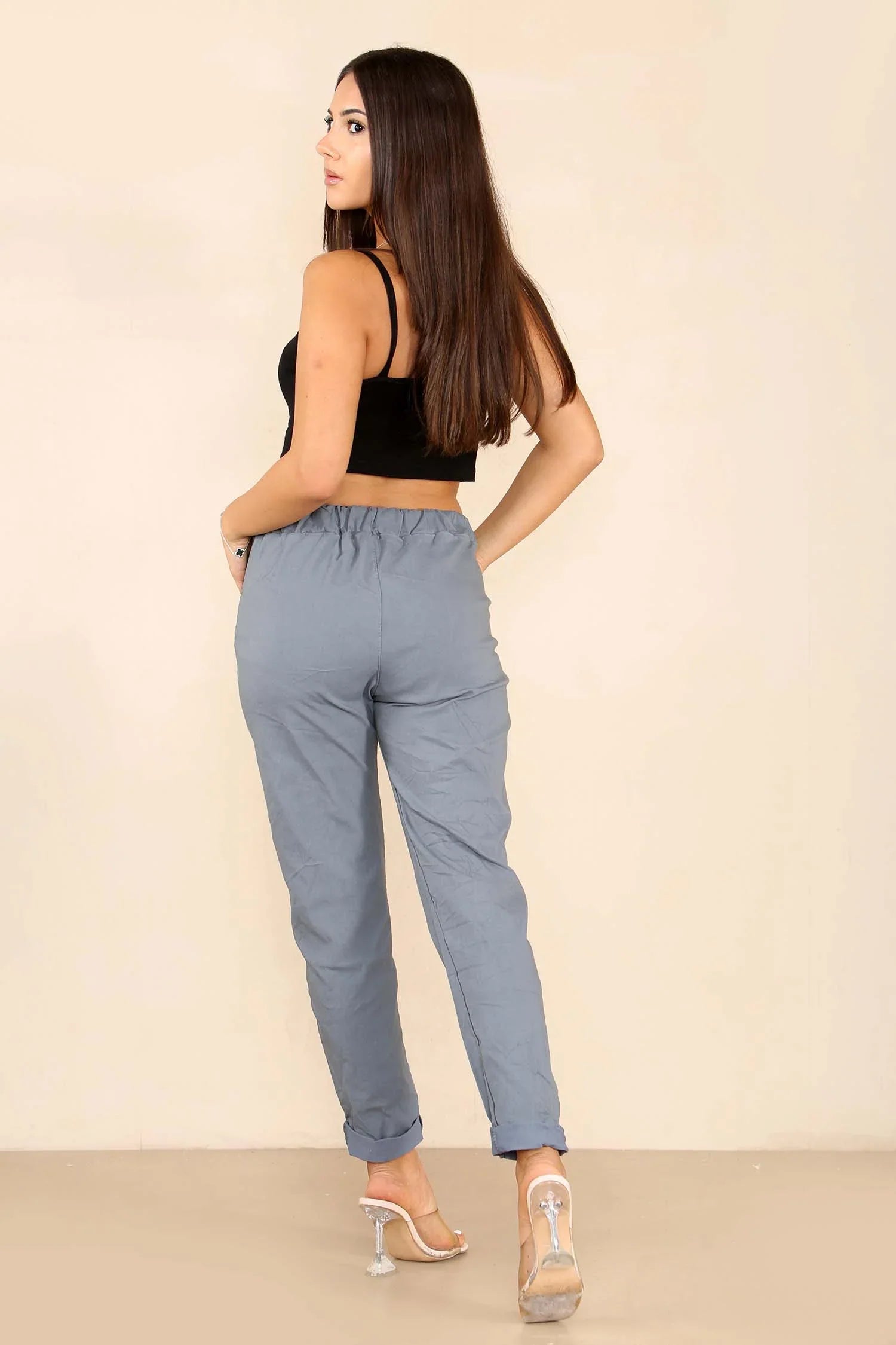 Light Grey Plus Size Italian Glitter Drawstring Waistband Magic Pants For Women 22 - Dropwear