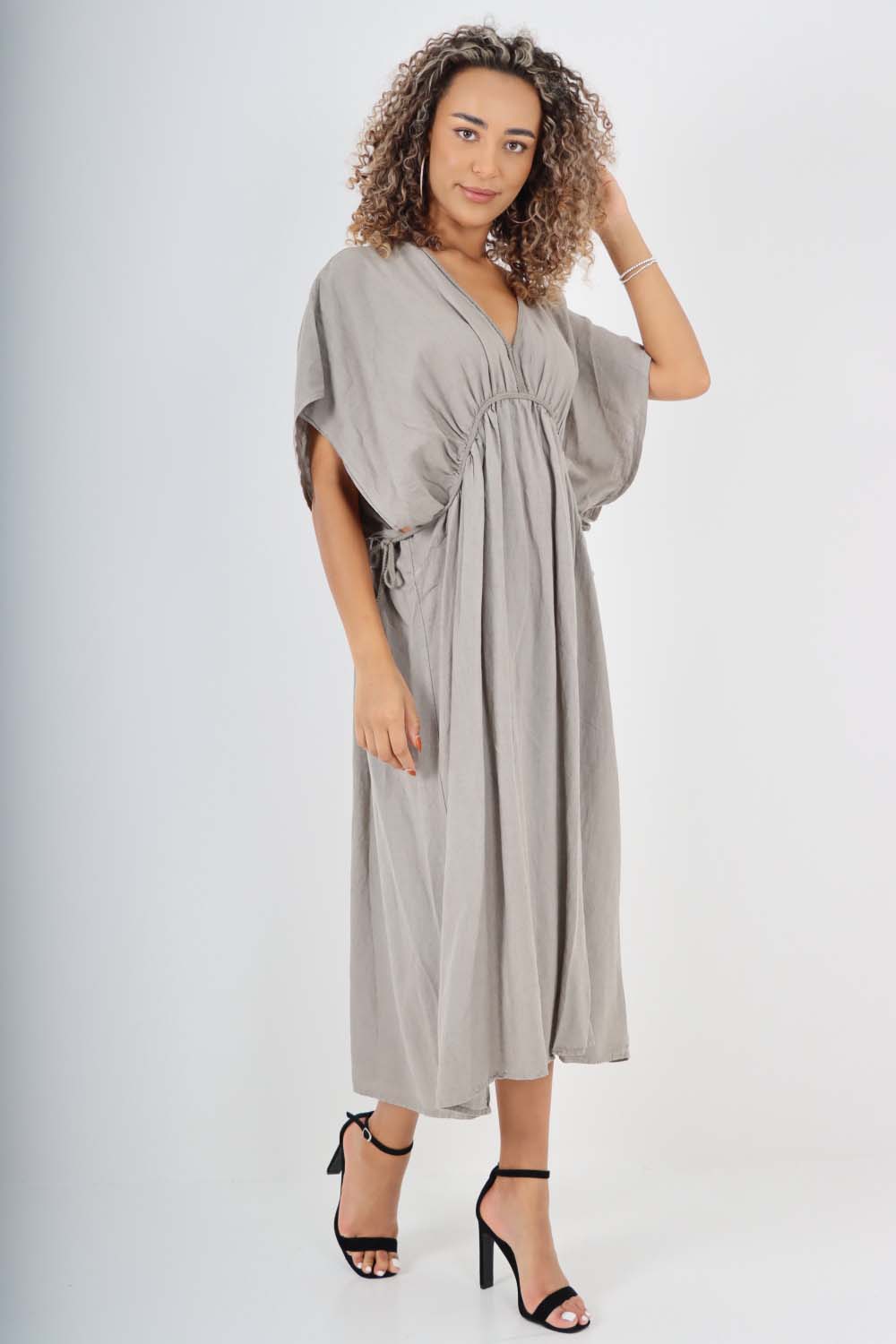Italian Drawestring Front Flared Linen Dress For Women  - Dropwear