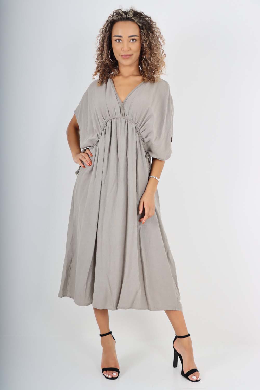 Italian Drawestring Front Flared Linen Dress For Women  - Dropwear