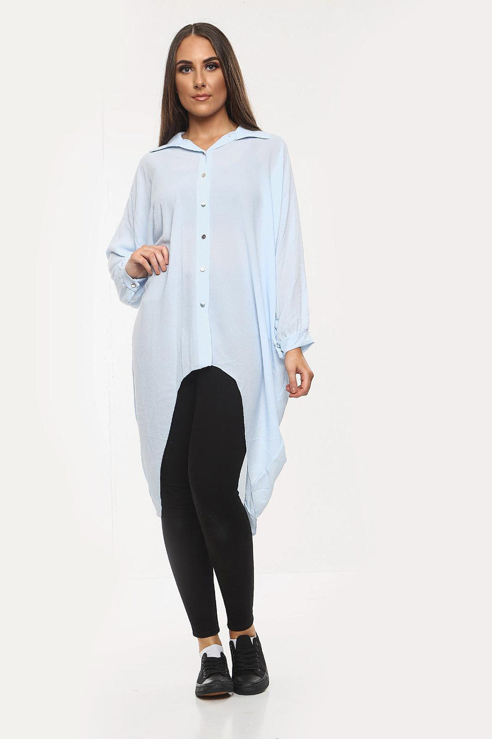 High-Low Oversized Button Long Top Shirt Dress with Hem andÂ LongÂ Sleeves For Women  - Dropwear