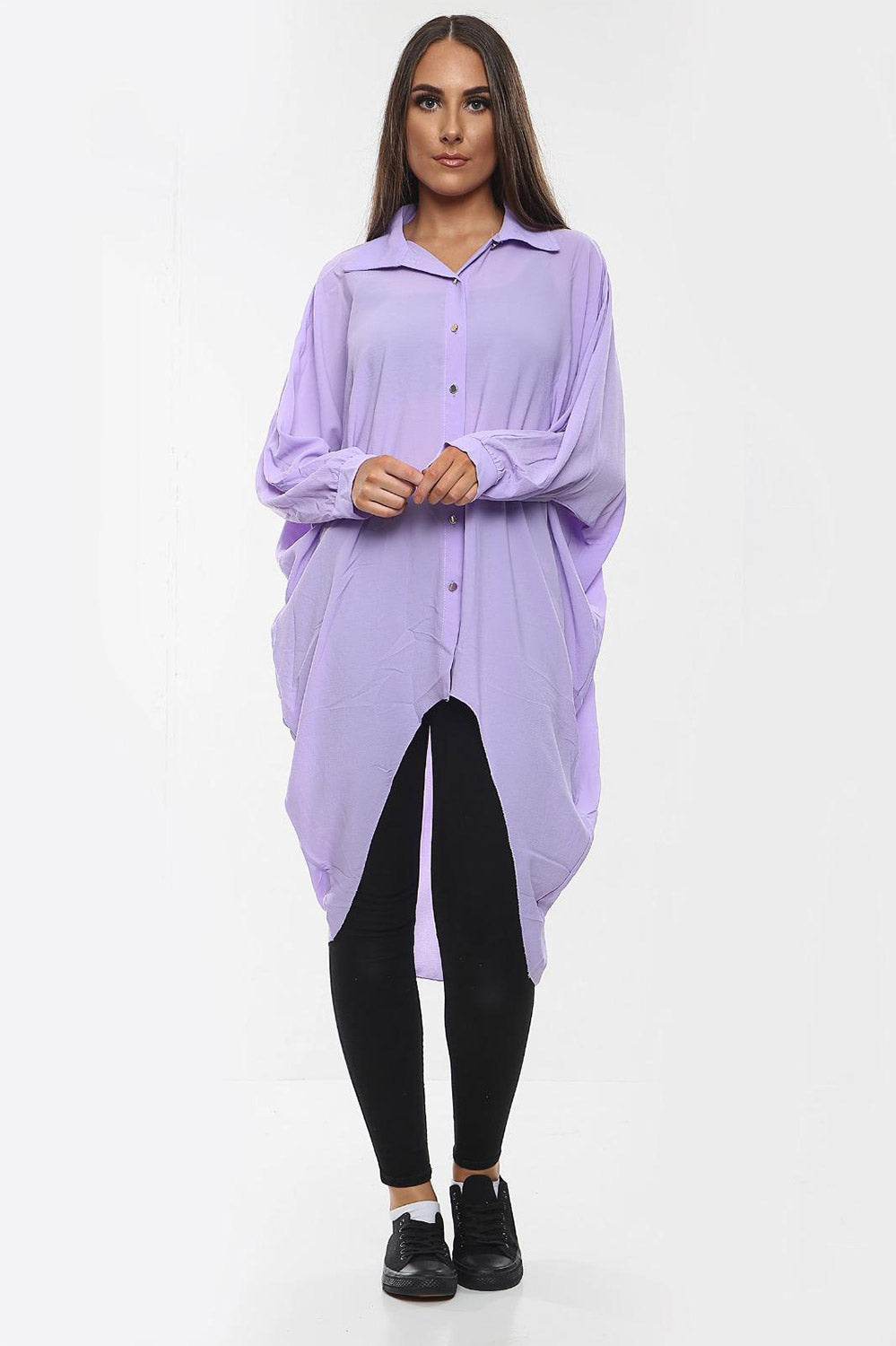High-Low Oversized Button Long Top Shirt Dress with Hem andÂ LongÂ Sleeves For Women  - Dropwear