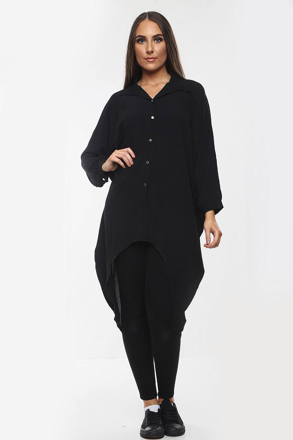 High-Low Oversized Button Long Top Shirt Dress with Hem andÂ LongÂ Sleeves For Women  - Dropwear