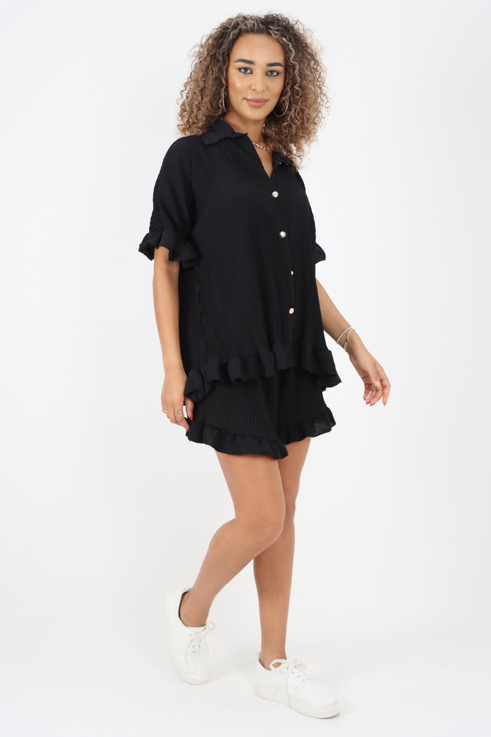 Italian Pleated Shirt & Shorts Co-Ord Set For Women  - Dropwear