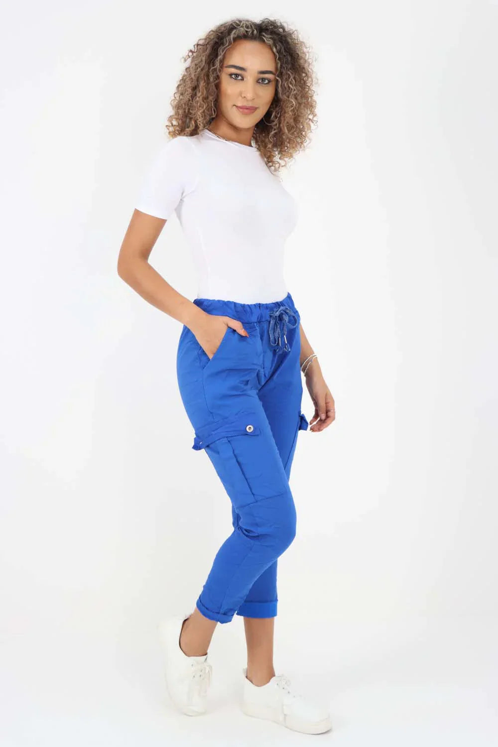 Royal Blue Plus Size Italian Drawstring Waistband Magic Cargo Trouser For Women 20 - Dropwear