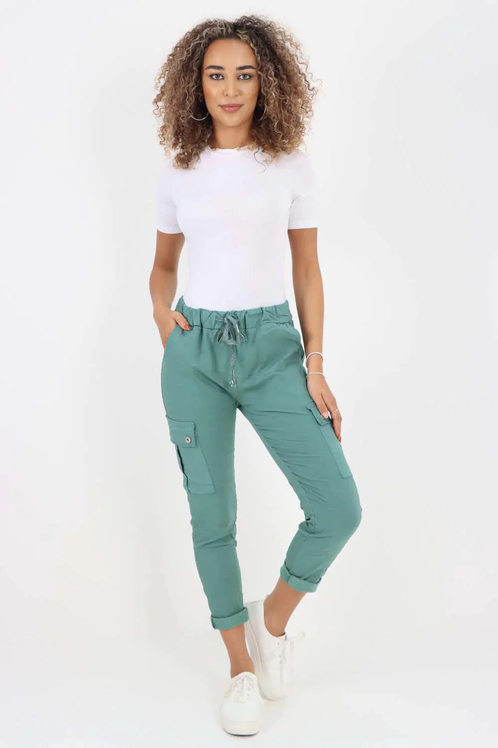 White Plus Size Italian Drawstring Waistband Magic Cargo Trouser For Women 20 - Dropwear
