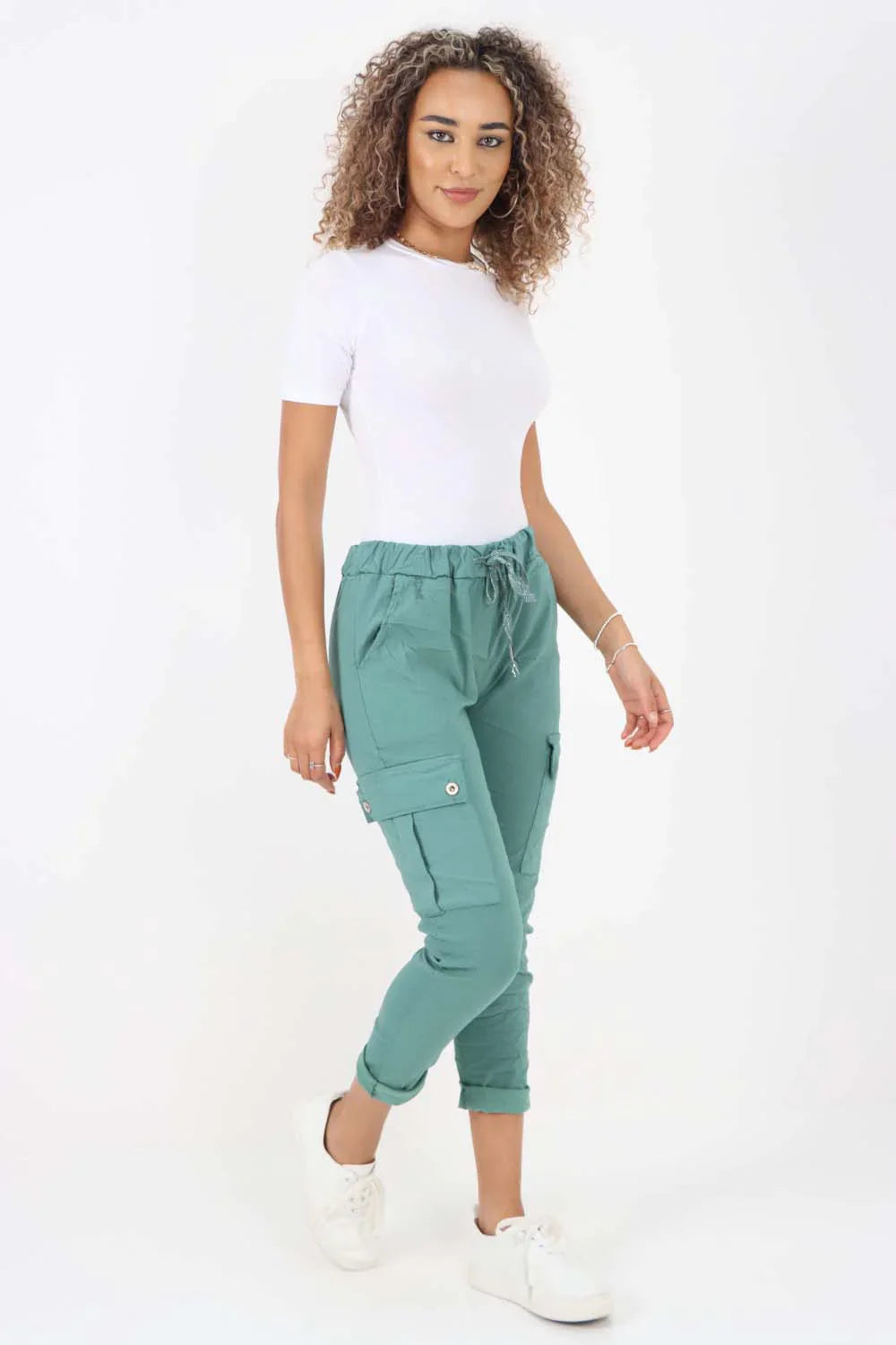 White Plus Size Italian Drawstring Waistband Magic Cargo Trouser For Women 18 - Dropwear