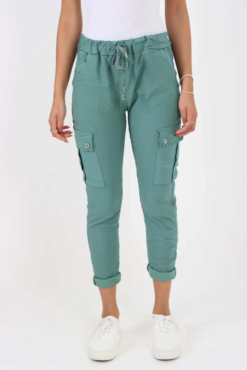 Teal Plus Size Italian Drawstring Waistband Magic Cargo Trouser For Women 22 - Dropwear