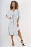 Navy Blue Italian Drawestring Front Side Split Linen Dress For Women ONE SIZE (FITS UK 12-22) - Dropwear