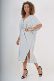 Sky Blue Italian Drawestring Front Side Split Linen Dress For Women ONE SIZE (FITS UK 12-22) - Dropwear