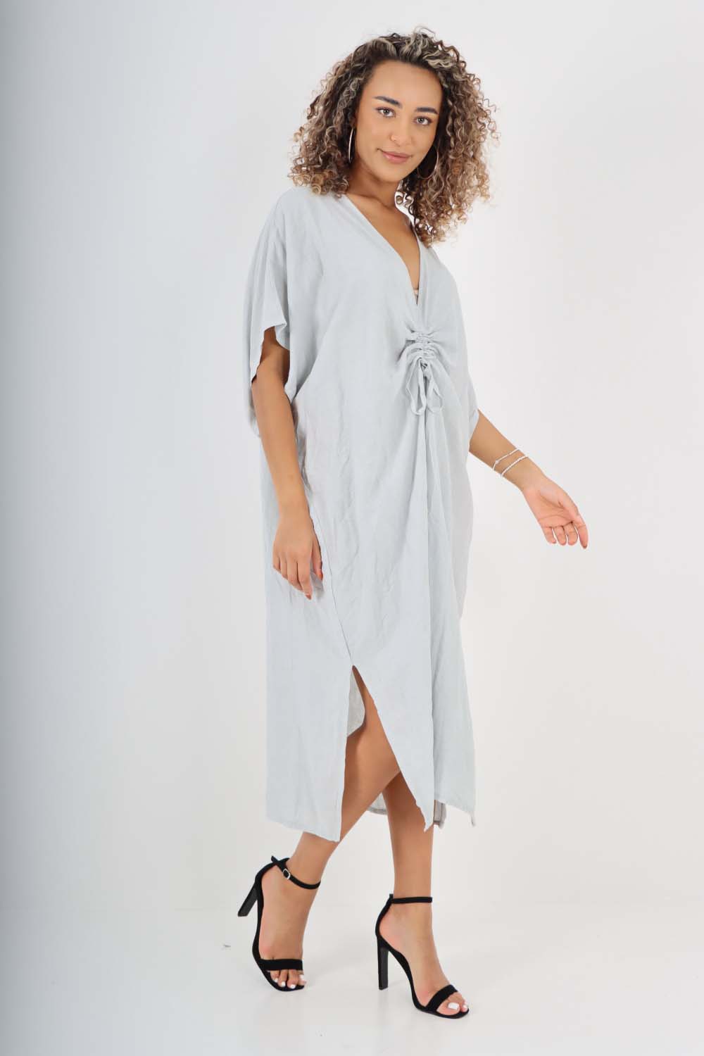 Italian Drawestring Front Side Split Linen Dress For Women  - Dropwear