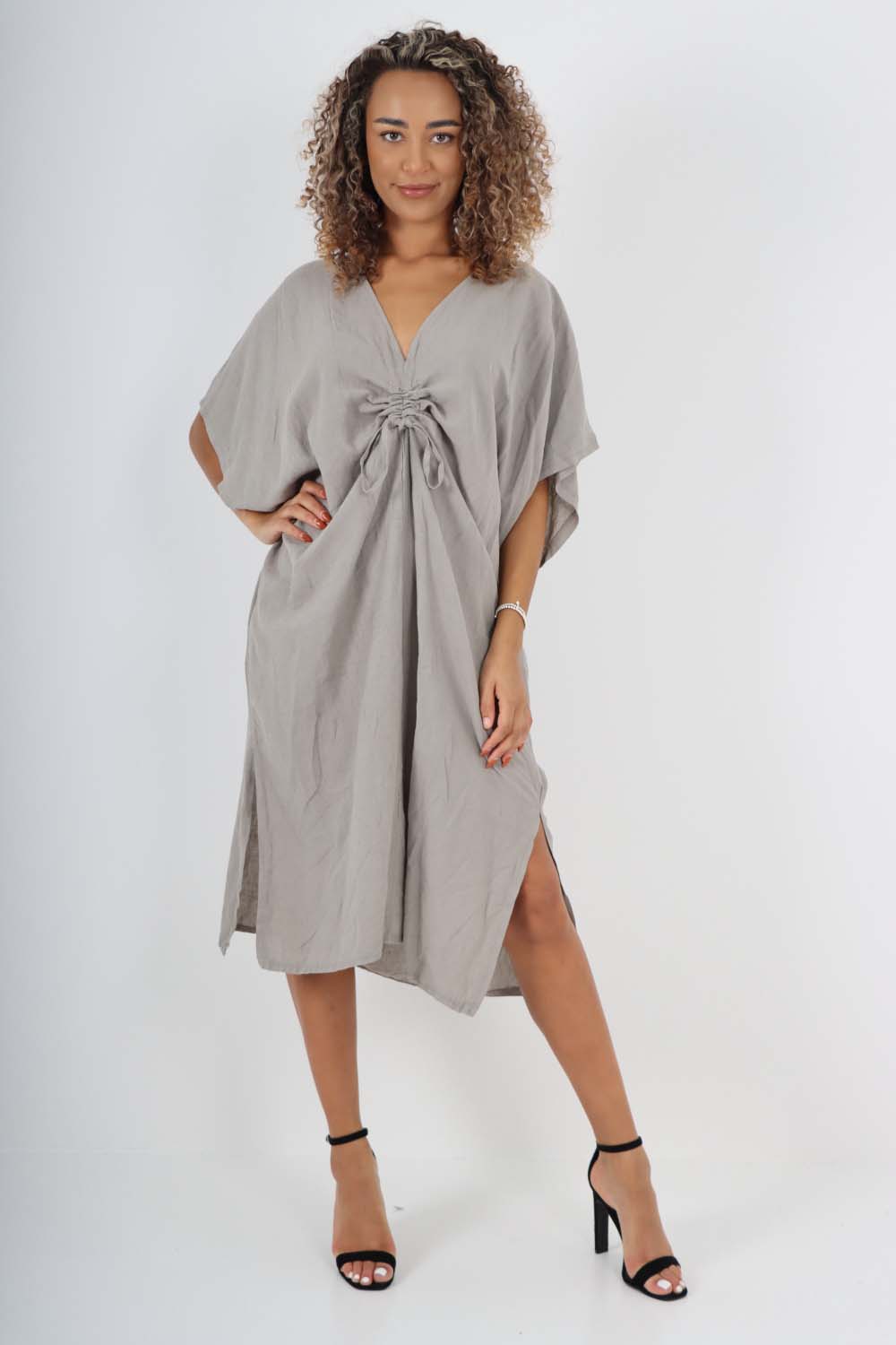 Italian Drawestring Front Side Split Linen Dress For Women  - Dropwear