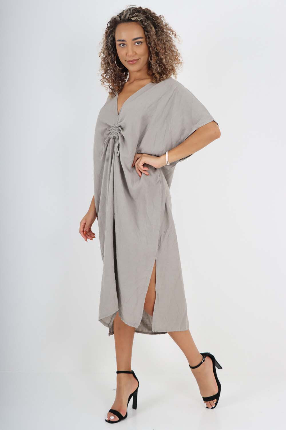 Italian Drawestring Front Side Split Linen Dress For Women  - Dropwear