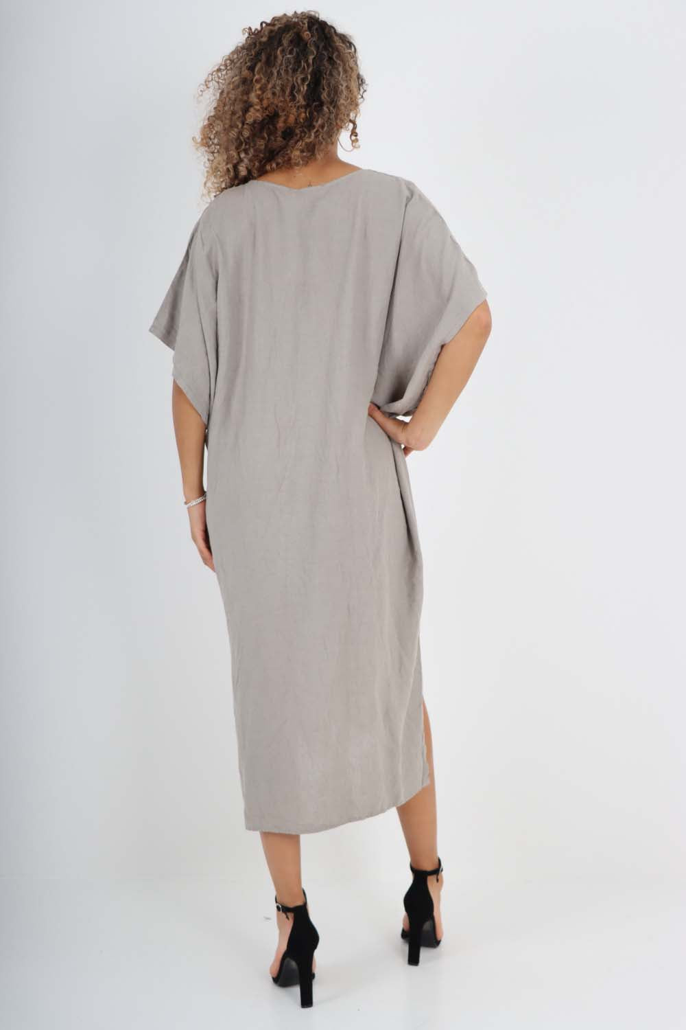 Italian Drawestring Front Side Split Linen Dress For Women  - Dropwear