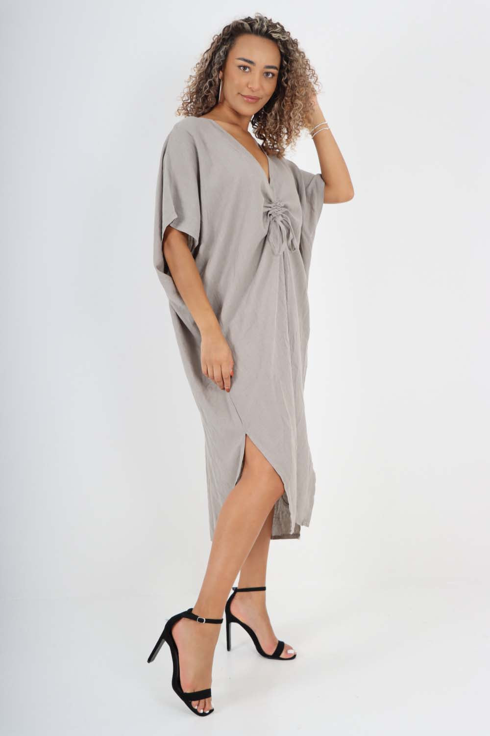 Italian Drawestring Front Side Split Linen Dress For Women  - Dropwear