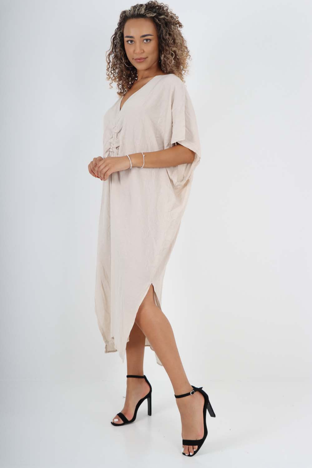 Beige Italian Drawestring Front Side Split Linen Dress For Women ONE SIZE (FITS UK 12-22) - Dropwear