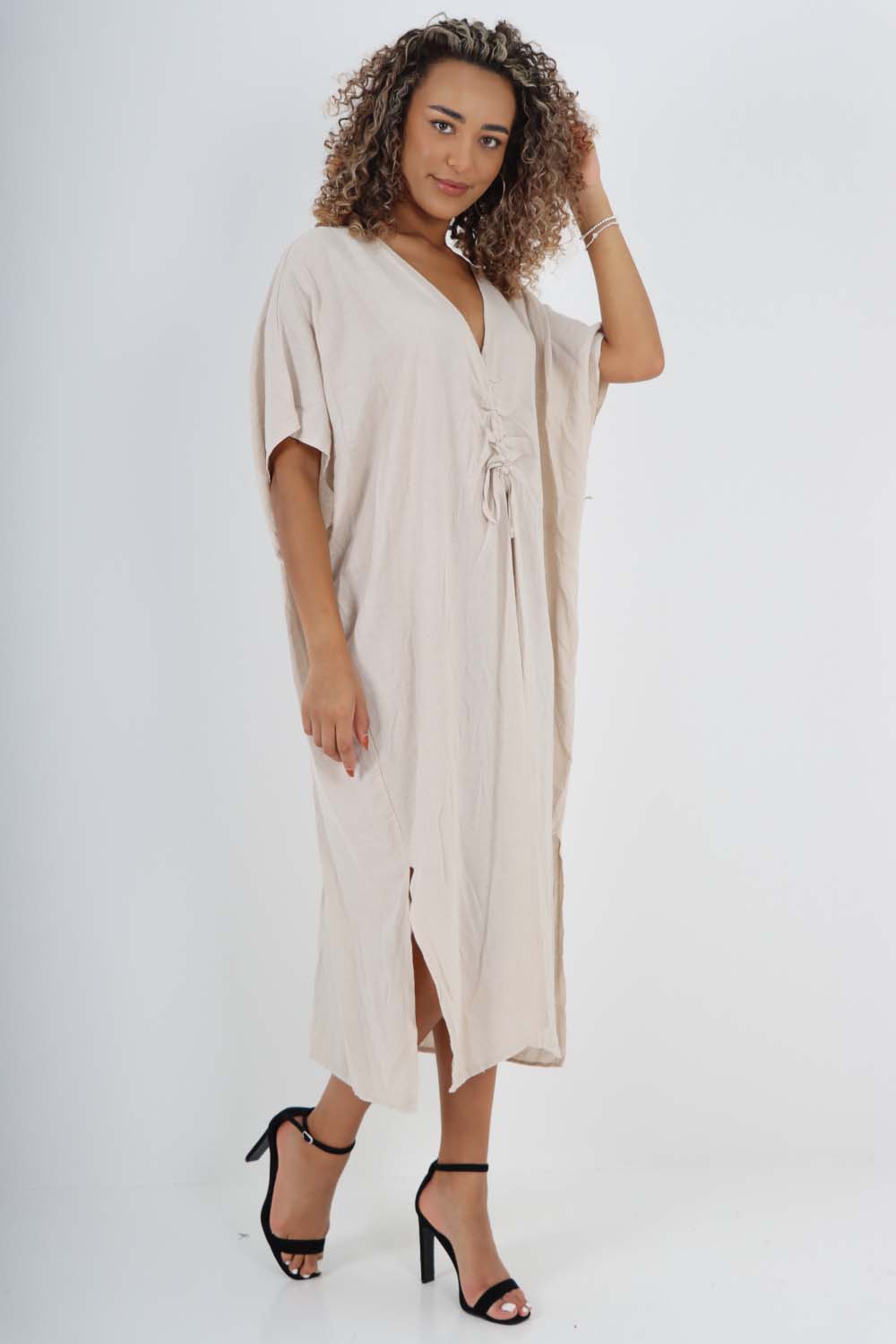 Dark Grey Italian Drawestring Front Side Split Linen Dress For Women ONE SIZE (FITS UK 12-22) - Dropwear
