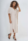 Dark Grey Italian Drawestring Front Side Split Linen Dress For Women ONE SIZE (FITS UK 12-22) - Dropwear