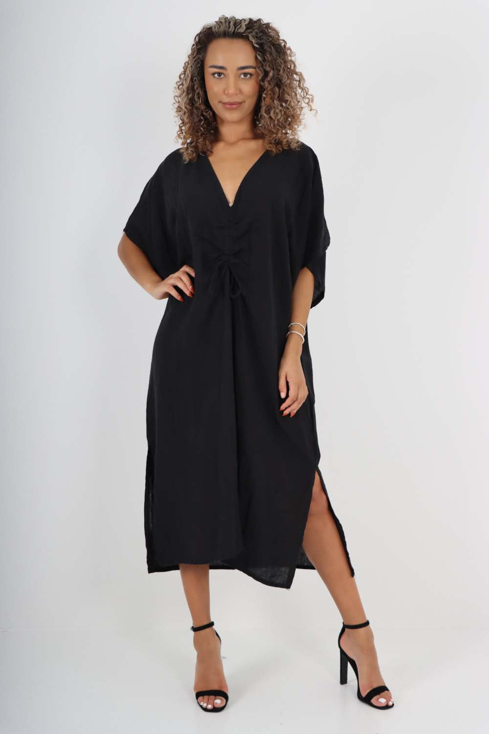 Fuchsia Italian Drawestring Front Side Split Linen Dress For Women ONE SIZE (FITS UK 12-22) - Dropwear