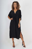 Fuchsia Italian Drawestring Front Side Split Linen Dress For Women ONE SIZE (FITS UK 12-22) - Dropwear