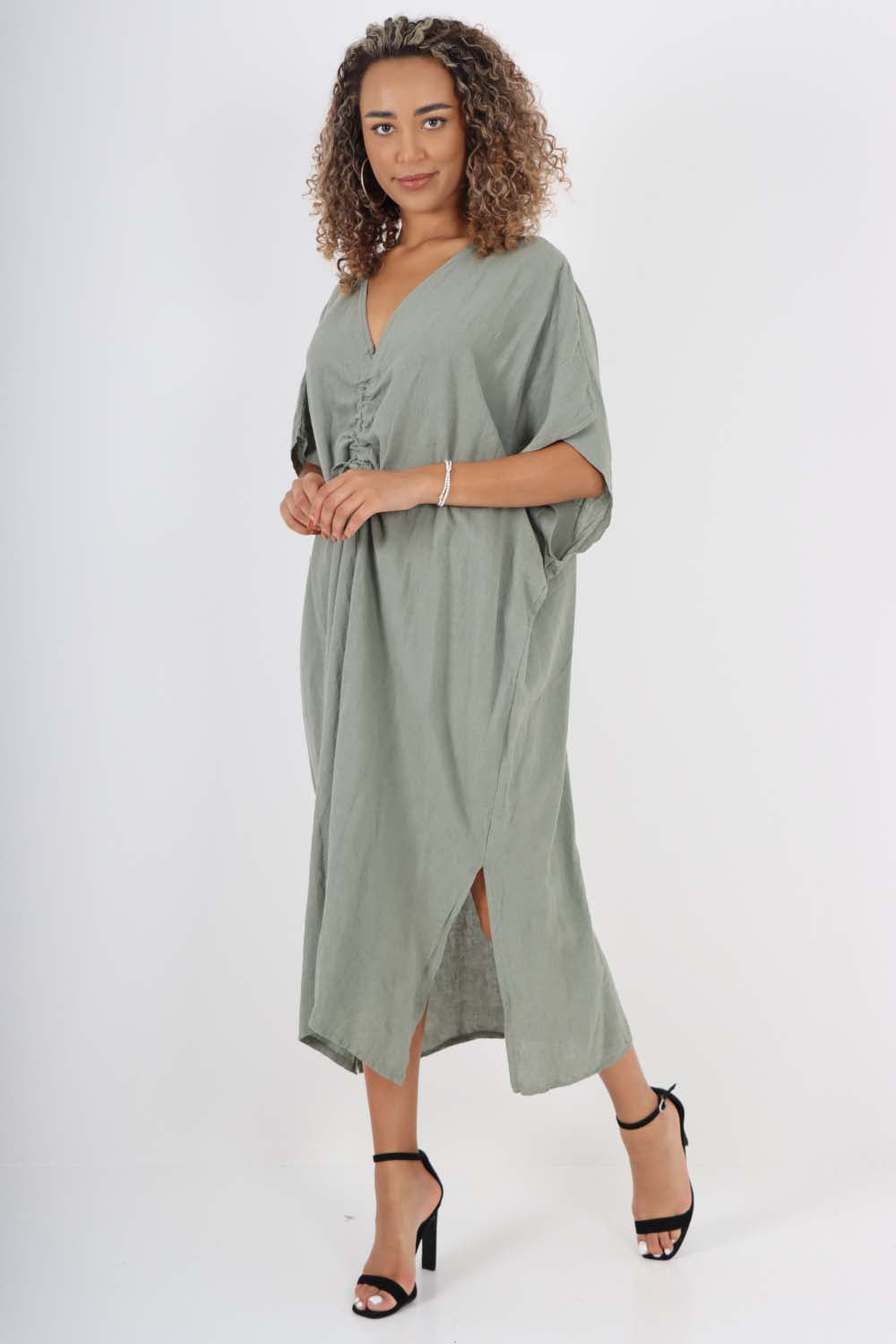 Italian Drawestring Front Side Split Linen Dress For Women  - Dropwear