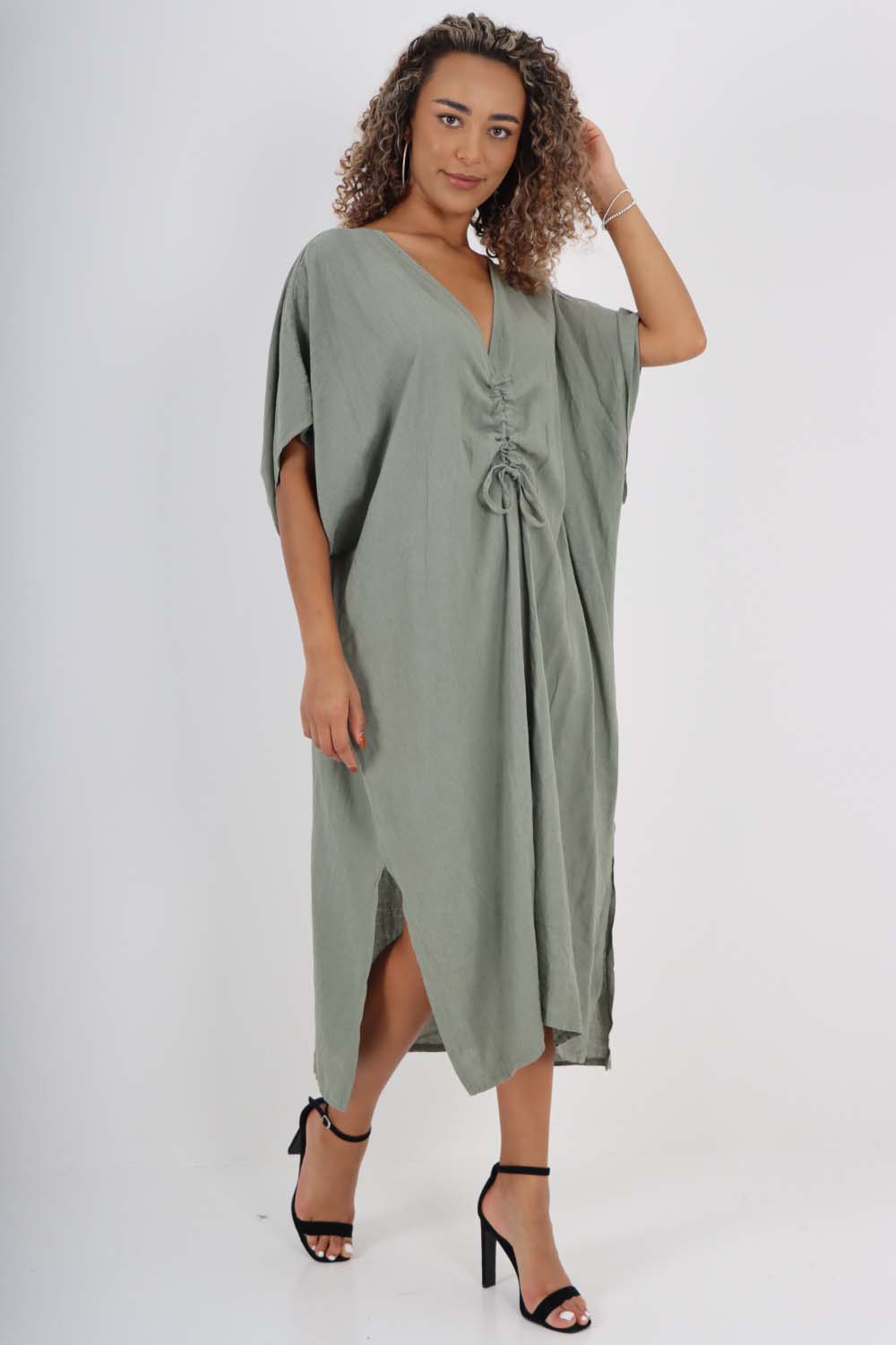 Italian Drawestring Front Side Split Linen Dress For Women  - Dropwear