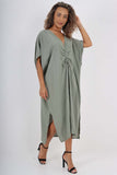 Italian Drawestring Front Side Split Linen Dress For Women  - Dropwear