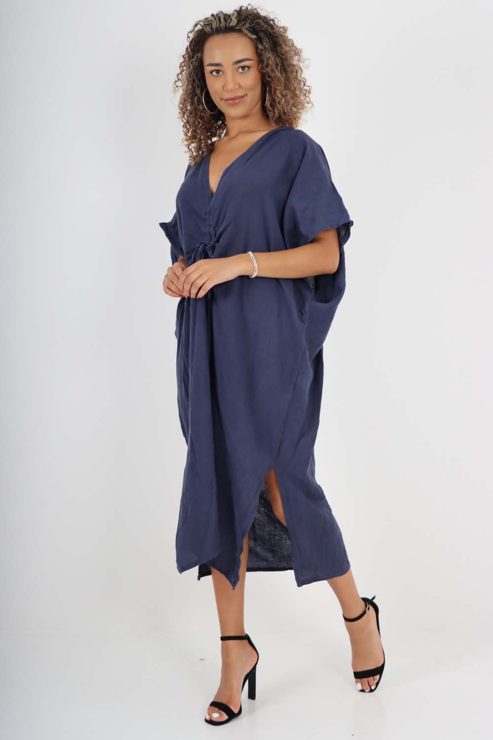 Italian Drawestring Front Side Split Linen Dress For Women  - Dropwear