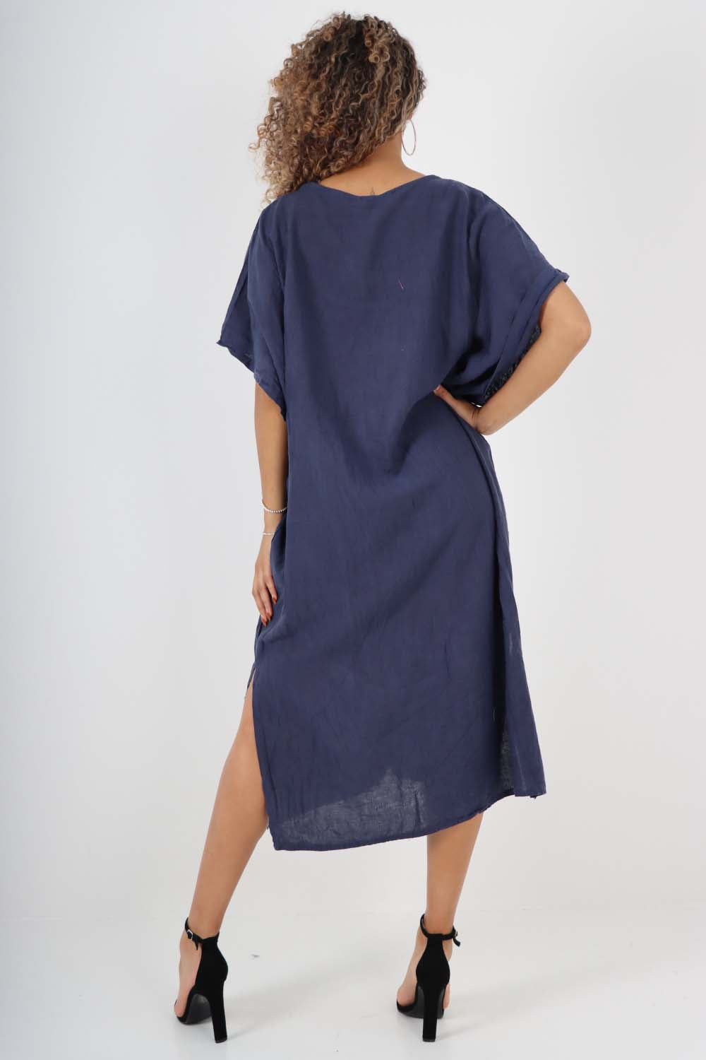 Italian Drawestring Front Side Split Linen Dress For Women  - Dropwear