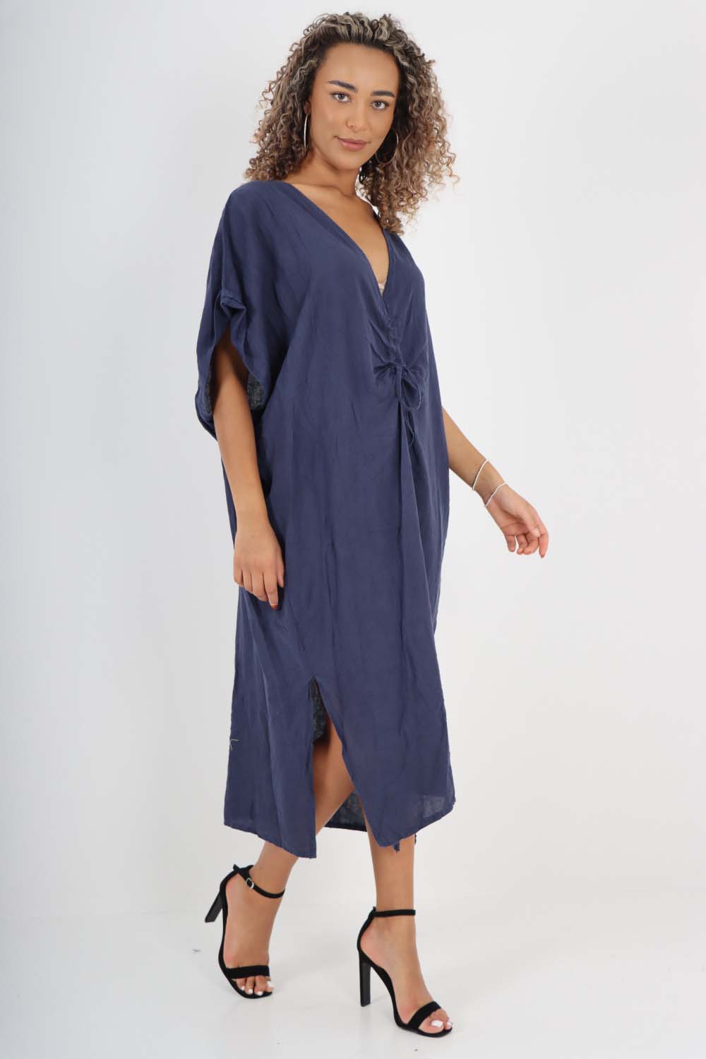 Italian Drawestring Front Side Split Linen Dress For Women  - Dropwear