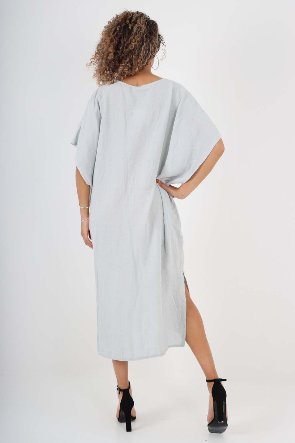 Italian Drawestring Front Side Split Linen Dress For Women  - Dropwear
