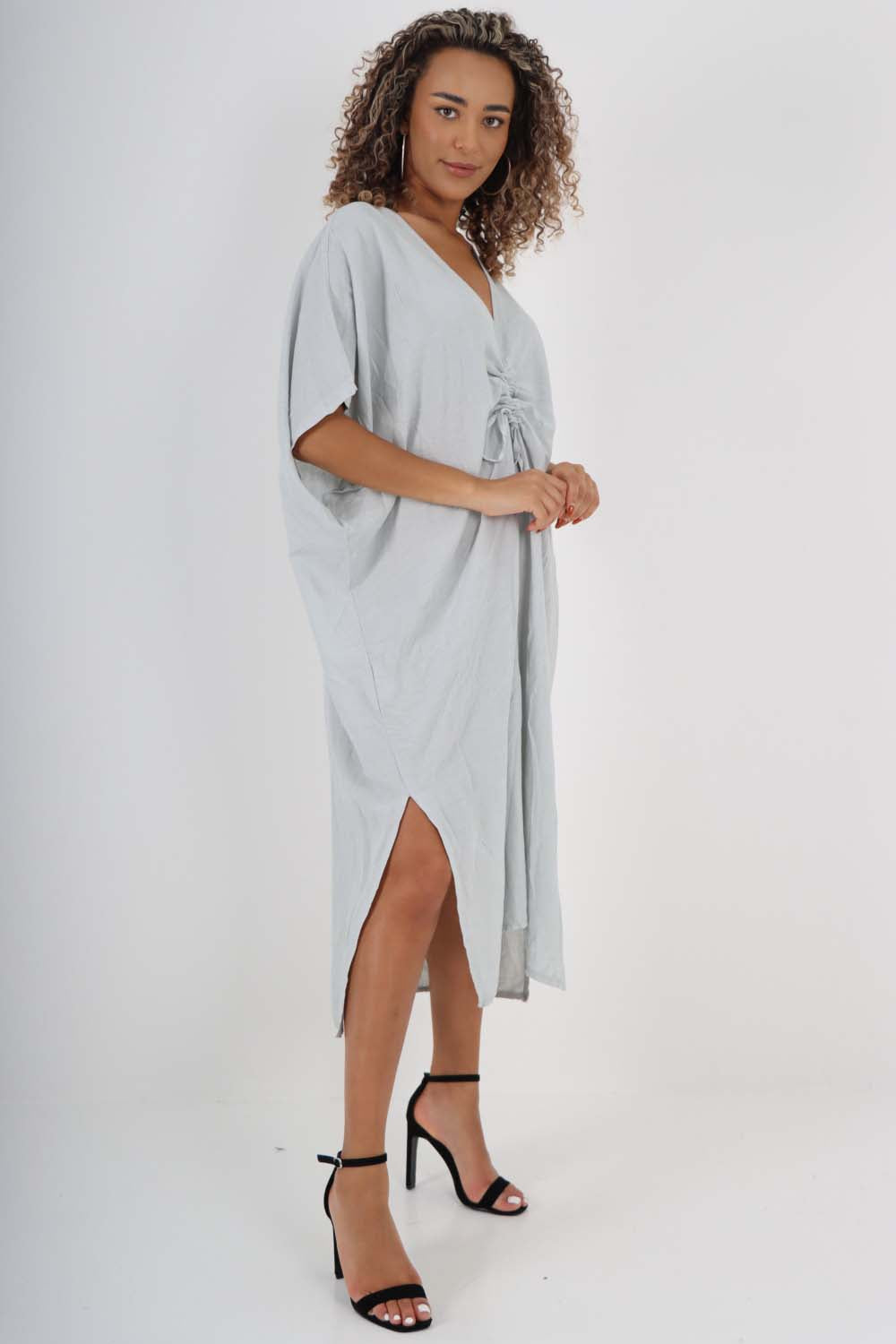 Italian Drawestring Front Side Split Linen Dress For Women  - Dropwear