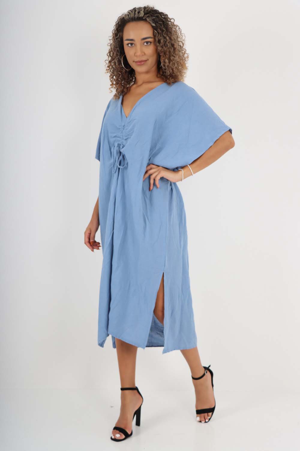 Italian Drawestring Front Side Split Linen Dress For Women  - Dropwear