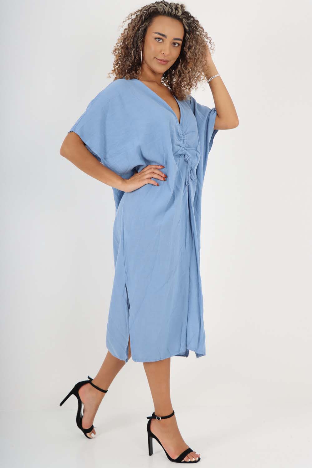 Italian Drawestring Front Side Split Linen Dress For Women  - Dropwear