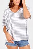 Navy V-Neck Stripe T-Shirt For Women ONE SIZE - Dropwear