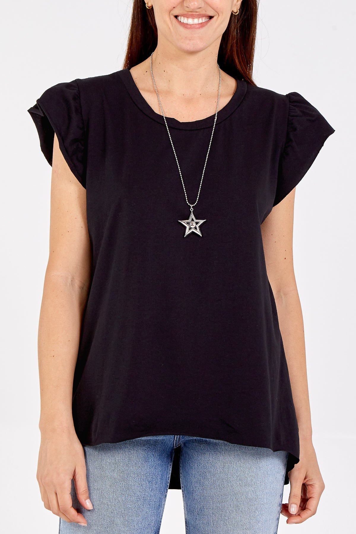 Scoop Neck Frill Sleeve Top With Necklace For Women  - Dropwear