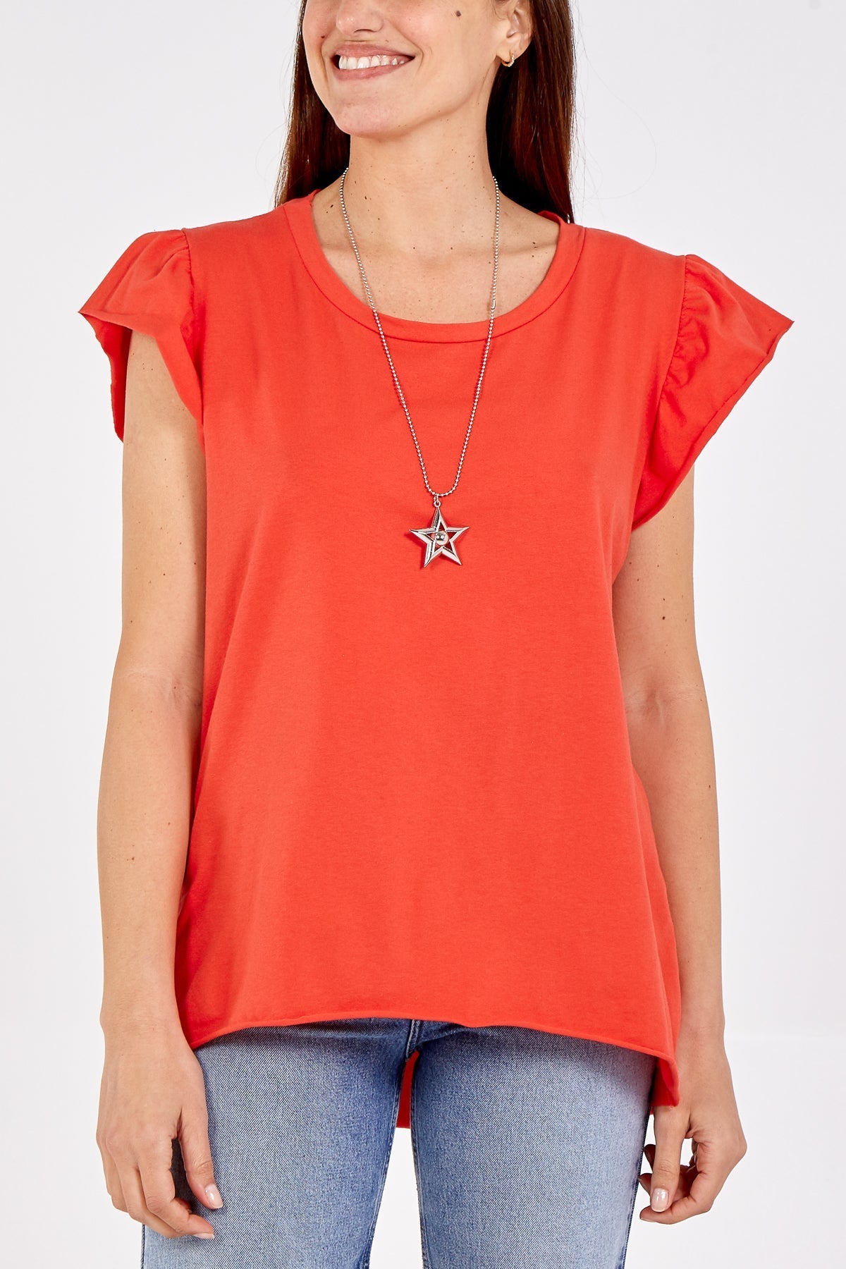 Scoop Neck Frill Sleeve Top With Necklace For Women  - Dropwear