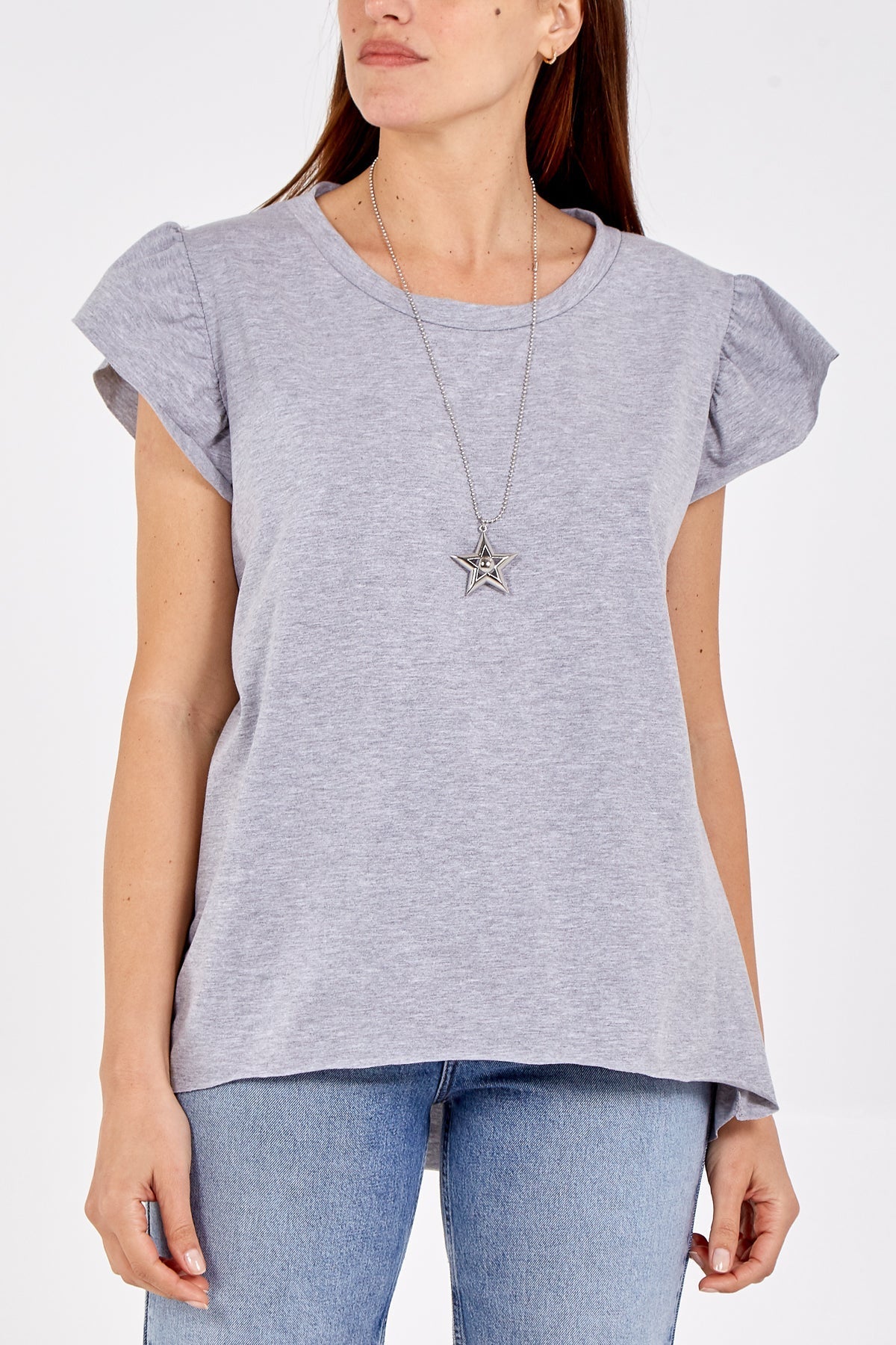 Black Scoop Neck Frill Sleeve Top With Necklace For Women ONE SIZE - Dropwear