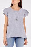 Black Scoop Neck Frill Sleeve Top With Necklace For Women ONE SIZE - Dropwear
