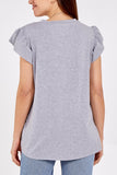 Coral Scoop Neck Frill Sleeve Top With Necklace For Women ONE SIZE - Dropwear