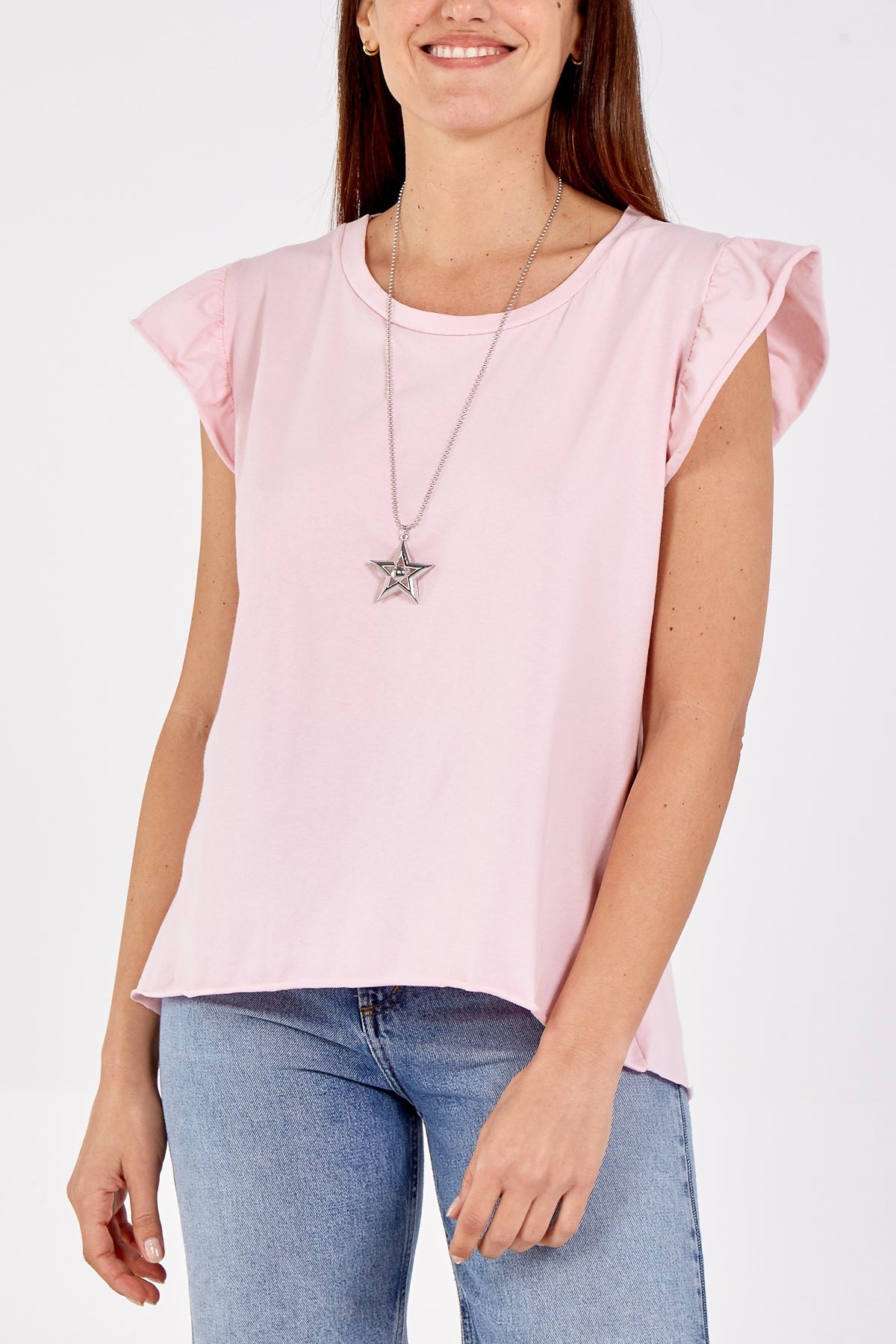 Scoop Neck Frill Sleeve Top With Necklace For Women  - Dropwear