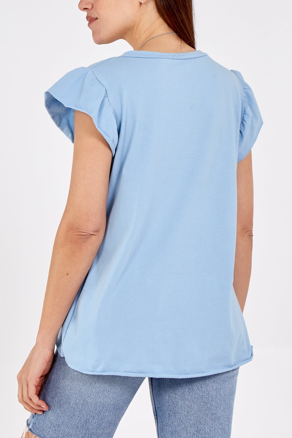 Scoop Neck Frill Sleeve Top With Necklace For Women  - Dropwear