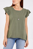Scoop Neck Frill Sleeve Top With Necklace For Women  - Dropwear