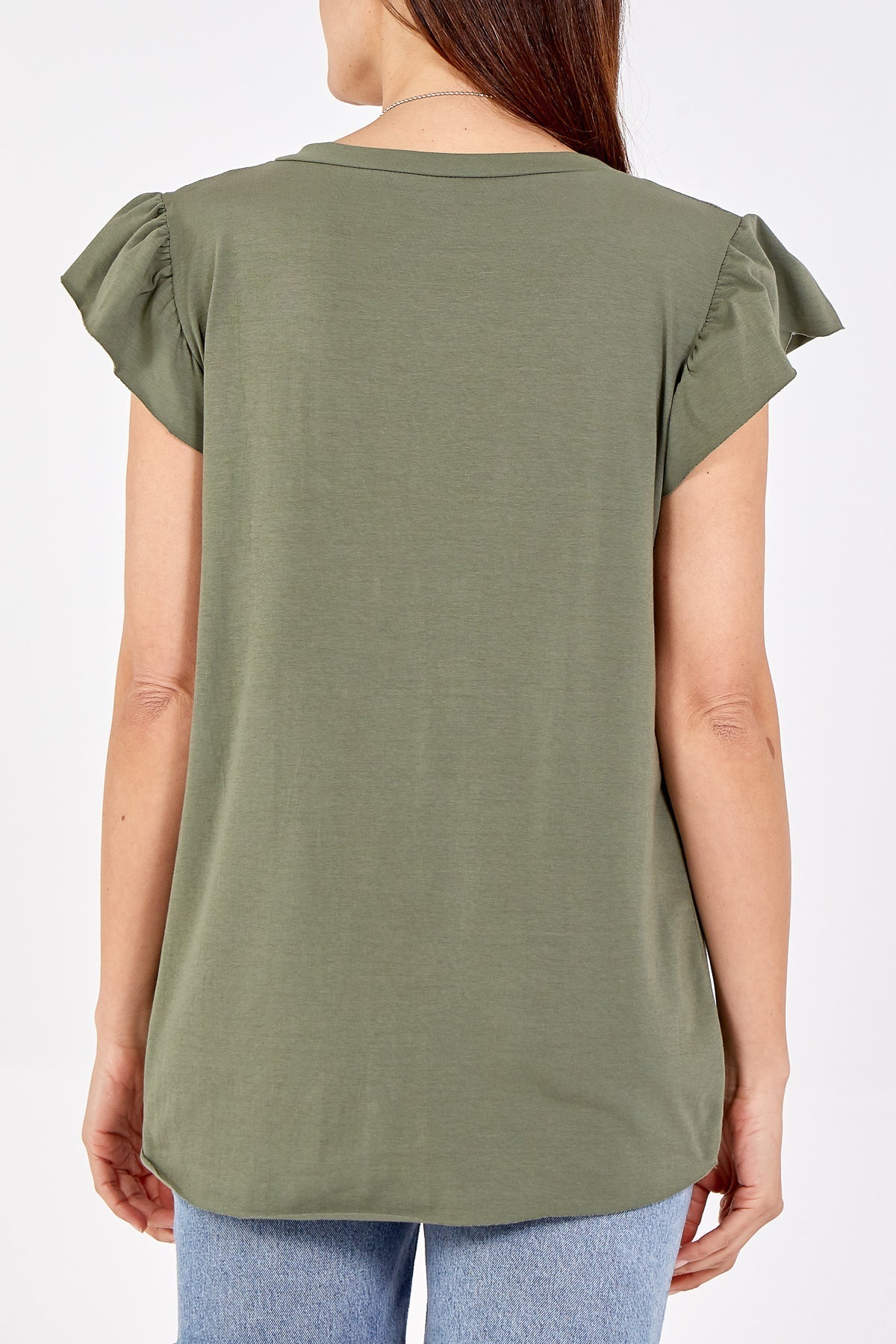 Scoop Neck Frill Sleeve Top With Necklace For Women  - Dropwear