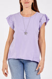 Scoop Neck Frill Sleeve Top With Necklace For Women  - Dropwear